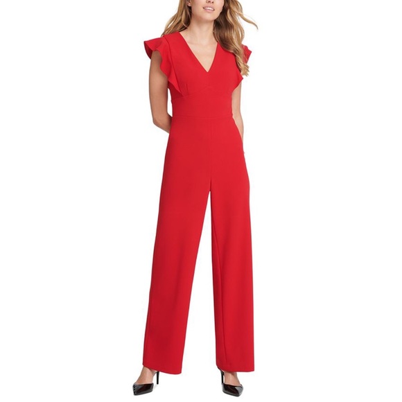 DKNY Red Wide Leg Flutter Sleeve Jumpsuit Size 2 - Picture 1 of 8